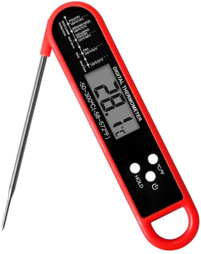 Voedselthermometer - Vleesthermometer - Keukenthermometer - Roestvrij staal - Waterdicht - Opvouwbaar - Bakthermometer - Meet 50–300 °C - Rood