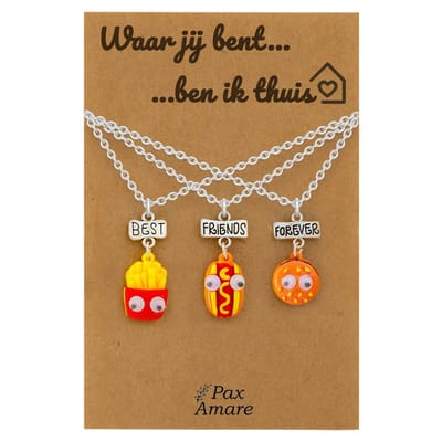Koppel Ketting voor 3 'Waar jij bent, ben ik thuis' - Fast Food Friends - Vriendschapsketting op Cadeau Kaartje - 45cm + 5cm verstelbaar - Zilverkleurig - Persoonlijke Hanger - Pax Amare