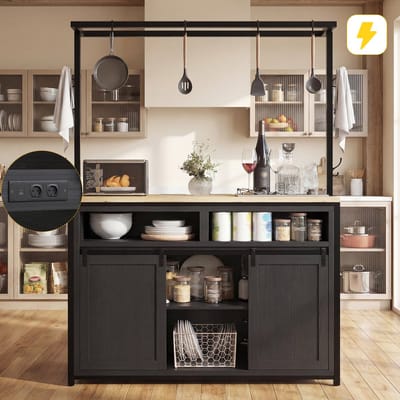 HAUSS SPOLE Keukenkast - Met Werkblad En Stroomaansluiting - Opbergkast Voor Keuken En Eetkamer - MDF En Metaal - 107x62x183 Cm - Zwart