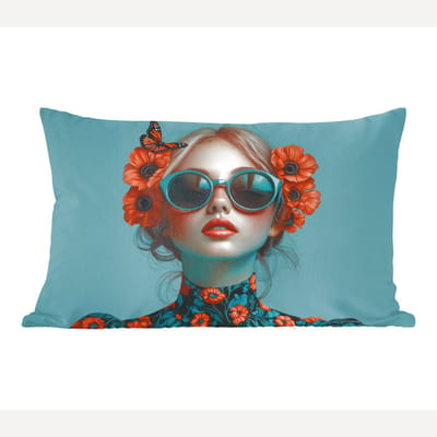 Sierkussens - Kussentjes Woonkamer - 60x40 cm - Vrouw - Blauw - Vlinder - Bloemen - Aesthetic