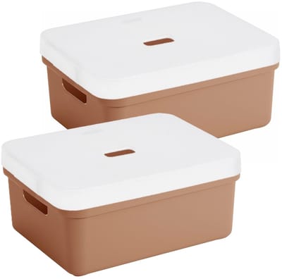 Sunware opbergbox - opslag mand - 2x stuks - 24 liter - terra bruin - kunststof - met transparante deksel - 45 x 35 x 18 cm