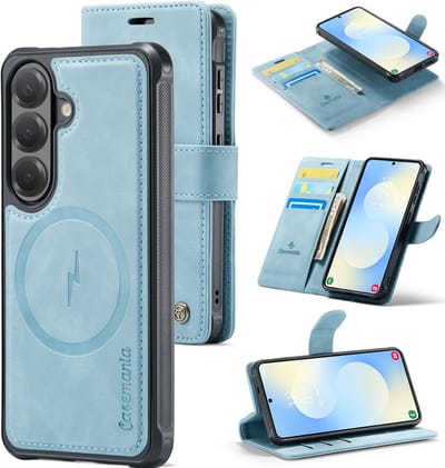 Casemania Hoesje Geschikt voor Samsung Galaxy A27 - Aqua Blue - Kunstleer 2 in 1 Afneembare Bookcase - Geschikt voor MagSafe - Magnetische Telefoonhoesje met Pasjeshouder en Standaardfunctie