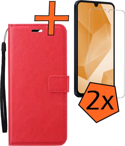Hoes - Met 2x Screenprotector - Geschikt voor Samsung Galaxy A16 - Luxe Pasjeshouder - Bookcase Portemonee - Flip Case - Kunstleer Book Case - Flipcase Hoes - Book Cover - Walletcase - PortemonneeHoes - Rood