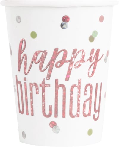 UNIQUE - 8 kartonnen bekers Happy Birthday wit en roze glitter 266 ml met stippen