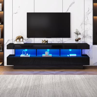 Sweiko Zwart Hoogglans TV Kast, 160x38x50.5cm, met 3-glazen Compartimenten, LED Verlichting, Toepassingscontrole, Bluetooth verbinding, geschikt voor 70-inch tv's, smart TV kast