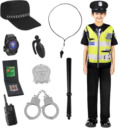 11-delig Politieagent Kostuum voor Kinderen, Perfect voor Rollenspel, Halloween en Feestdagen, Groene Variant
