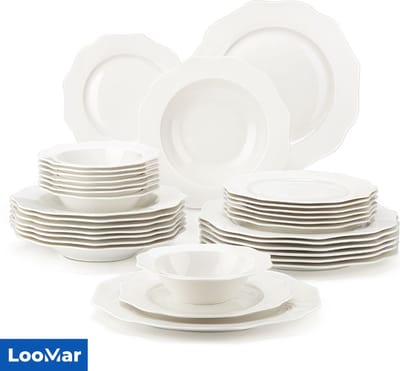 LooMar Serviesset – 32 delig – 8 persoons – Porselein - Luxe – Bordenset – Dinner platen – Dessertborden - Wit Goud