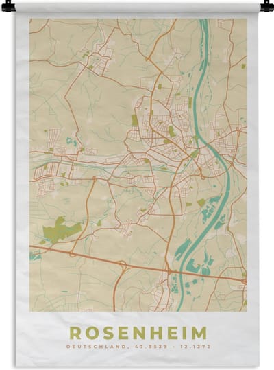 Wandkleed - Wanddoek - Rosenheim - Plattegrond - Vintage - Kaart - Stadskaart - 120x180 cm - Wandtapijt