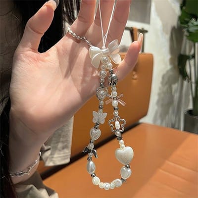 Koreaanse Schattige Barok Witte Strik Bloem Kralen Telefoonketting Bedel Lanyard Voor iPhone Samsung Universele Accessoires Sieraden Hanger wit