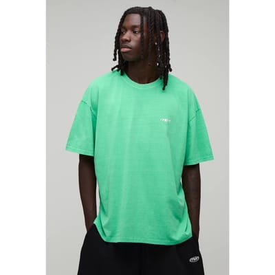 Oversized Heren Sport Geborduurd Gewassen T-shirt | Bright Green | Size XL