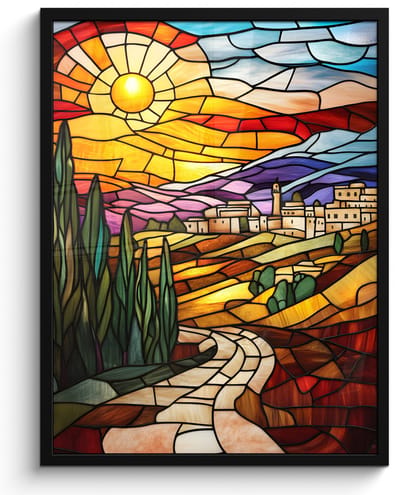 Poster in lijst - Fotolijst 50x70 cm - Posters - Mozaïek - Zon - Landschap - Dorp - Posterlijst zwart - Decoratie - Wanddecoratie woonkamer - Muurdecoratie slaapkamer