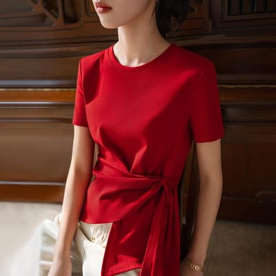 T-shirt à manches courtes pour l'été pour femmes, nouveau T-shirt en coton à col rond de couleur unie pour femmes, haut à taille à bretelles irrégulières 2XL rouge