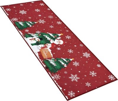 Kerst Deurmat - Voor voordeur en binnen/buiten - Antislip welkommat met kerstman en kerstboom - Rood - Maat: 40x80cm