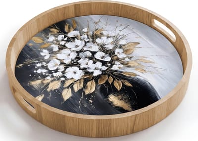 Dienblad rond 40x40 cm - Schootdienblad hout - Bloemen - Wit - Vaas - Abstract - Borrelplank rechthoek - Plateau houten dienbladen