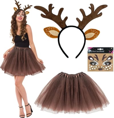 3-delige Kostuumset met Rendier Hoofdband voor Vrouwen - Inclusief Oren, Gezichts-Tatoeages en Tutu - Perfect voor Carnaval, Halloween en Cosplay