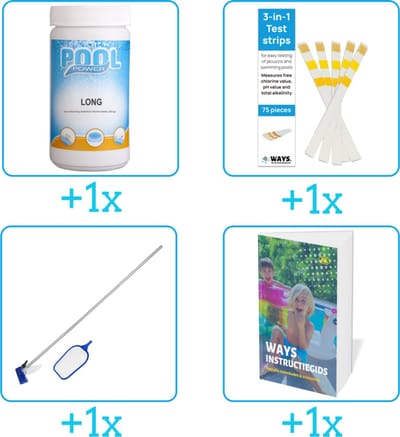 Zwembad Onderhoudspakket - Onderhoud Zwembad - bevat Chloor - Testrips - Schoonmaakset en Zwembadgids (4-delig)