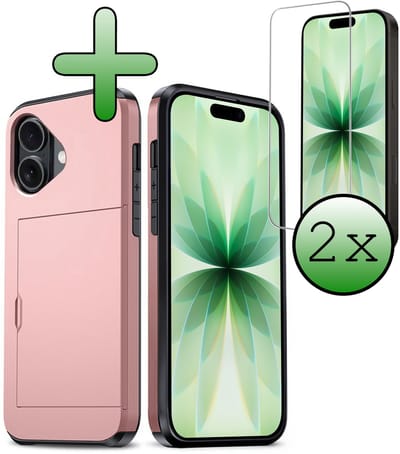 Hoes Geschikt voor iPhone 17 Hoesje Hard Case Met Pas Houder Met 2x Screenprotector - Hoesje Geschikt voor iPhone 17 Hoes Shockproof Hard Cover Met Kaarthouder - Rosé goud