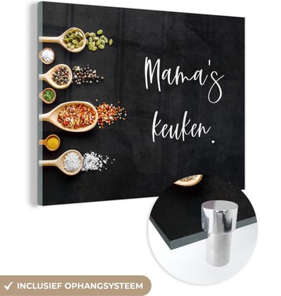 MuchoWow® Glasschilderij 120x90 cm - Schilderij acrylglas - Moeder - Keuken - Spreuken - Mama's keuken - Quotes - Foto op glas - Schilderijen