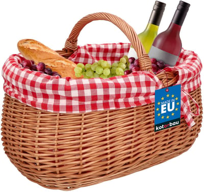 KOTARBAU® Rieten Mand, met Handvat, Wilgentenen, 46 x 32 x 43 cm, Natuurlijk- Paddenstoelenmand, Boodschappenmand, met Rood Geruite Stoffen Voering, Oogstmand,, Natuurlijk