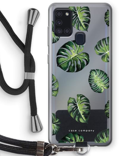 Case Company® - Hoesje met koord geschikt voor Samsung Galaxy A21s hoesje met Koord - Tropische bladeren - Telefoonhoesje met Zwart Koord - Bescherming aan alle Kanten en Over de Schermrand