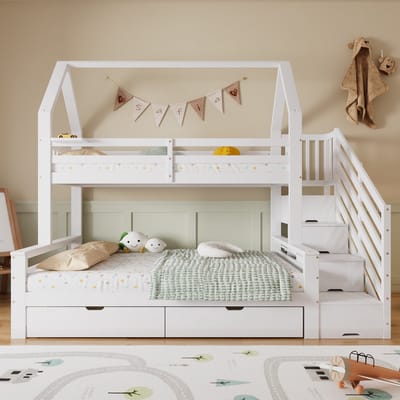 Stapelbed - kinderbed - met rollers en 2 laden - dakontwerp - met veiligheidsleuning en trapopbergkast - wit - 90x200cm en 140x200cm - zonder matras