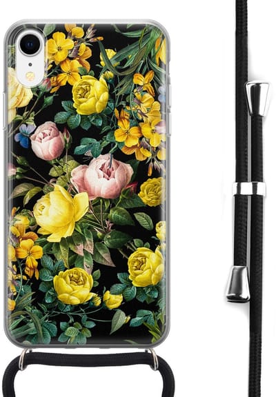 Hoesje met koord - Geschikt voor iPhone XR - Bloemen geel - Verstelbaar zwart koord - Transparant, Geel - Bloemen - Leuke Telefoonhoesjes