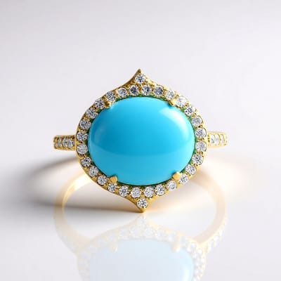Cavill - Zilveren Ring met Sleeping Beauty Turkoois 3,56 ct - 925 Sterling Zilver Verguld - Ovaal Blauwe Cabochon - Elegante Ring met Zirkonen