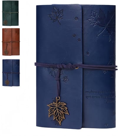Vintage A6 Notitieboek van Leer met Geëmbosseerd Esdoornblad, Navulbaar, Journal, Reistageboek, Schetsboek, Cadeau voor Creatieve Geesten