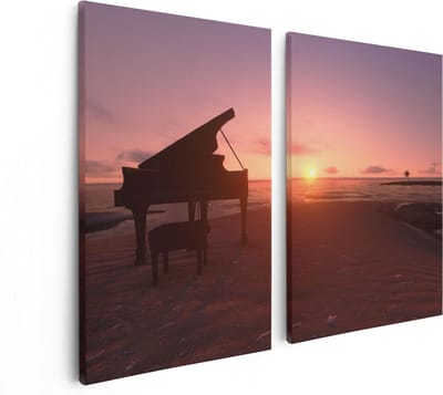 Artaza Canvas Schilderij Tweeluik Piano op het Strand bij Zonsondergang - 80x60 - Foto Op Canvas - Canvas Print