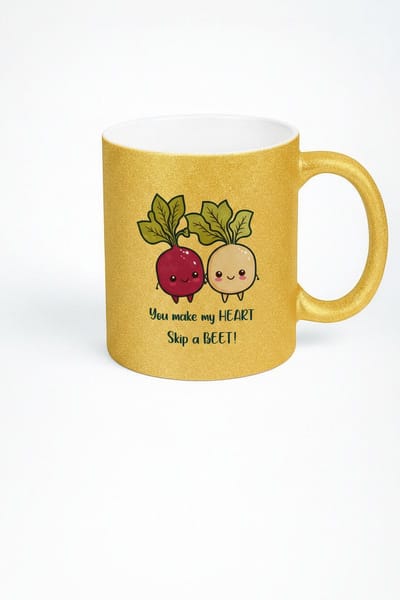 Gouden Glitter Mok met 'You make my HEART Skip a BEET' Liefdes Pun - Leuke Bieten Cadeau Mok