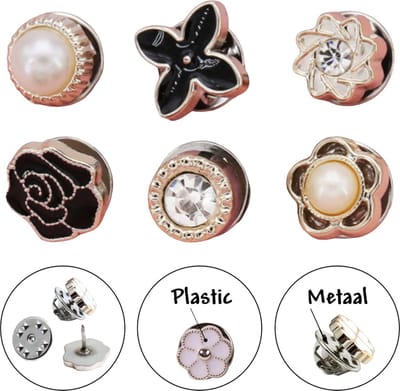 Fako Bijoux - Pin Broche Mini - Steek Pin Knopen Set - 6 Mini Broches - 8-12mm - Silver, Gold, Black, Shiny & Pearl - 6 Stuks - Zilver, Goud & Zwart - Serie 7
