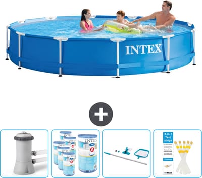 Intex Rond Frame Zwembad - 366 x 76 cm - Blauw - Inclusief Pomp Filters - Schoonmaakset - Testrips