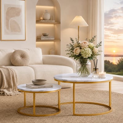 Salontafel set van 2 - ø 80/60 cm - Hoogte 45/33 cm - Bijzettafel Rond - Salon tafel Industrieel - Metalen frame Goud - Tafelblad - Wit Marmer