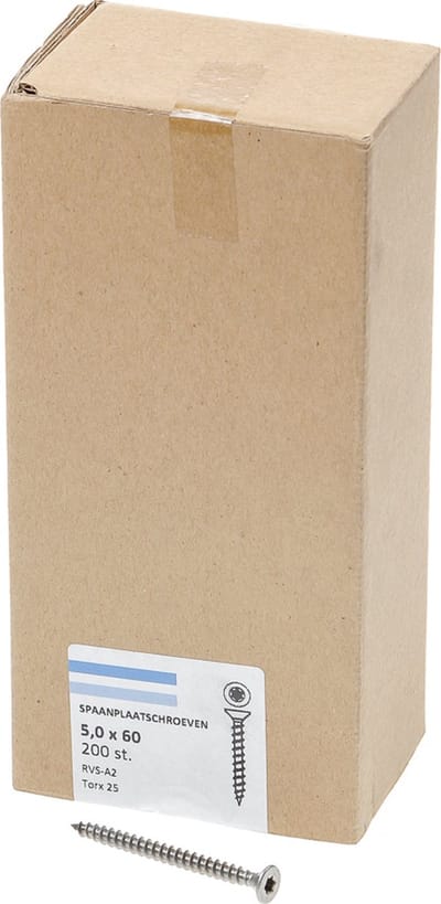 Hoenderdaal Spaanplaatschroef RVS platverzonken kop TX25 voldraad 5.0X60 (per 200 stuks)