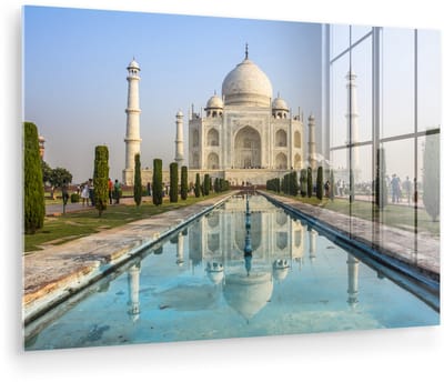 ® Glasschilderij 150x100 cm - Schilderij acrylglas - Taj Mahal met blauw water - Foto op glas - Muurdecoratie woonkamer - Wanddecoratie slaapkamer - Schilderijen