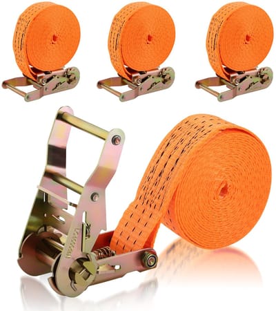 4 Spanbanden met ratel - Belastbaarheid 2000 daN - Voor auto, steekwagen, motor, bagage, camping en het vastzetten van lading - 6 meter lang, 38 mm breed