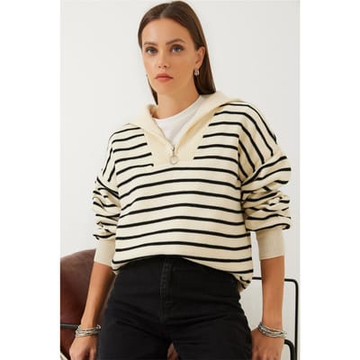Gestreepte Boxy Crop Trui met Ritskraag
