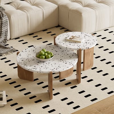 HAUSS SPOLE Salontafel - Rond 2 Delige Set - Compacte Tafel Voor Woonkamer Of Balkon - Functioneel En Praktisch - 70x70+50x50 cm - MDF - Wit + Houtkleur