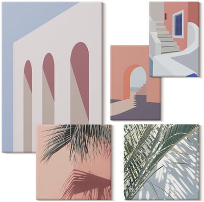 Wallfluent Set van canvas schilderijen - Illustraties van stedelijke architectuur in minimalistische stijl Canvas Schilderijen Set - Set van 5 Canvas Schilderijen - Oranje Set van Canvas Prints - Architectuur Canvas Kunst Set