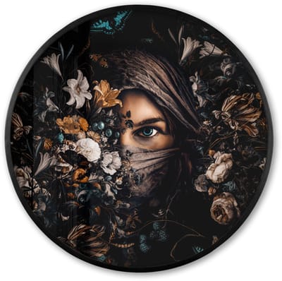 Poster in lijst Rond - Fotolijst 60x60 cm - Posters - Vrouw - Luxe - Bloemen - Vlinder - Portret - Ronde posterlijst zwart - Decoratie - Wanddecoratie woonkamer - Muurdecoratie slaapkamer