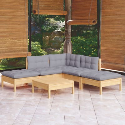 vidaXL - 6-delige - Loungeset - met - grijze - kussens - grenenhout