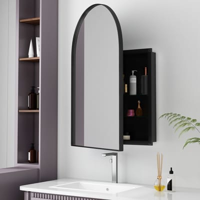 HAUSS SPOLE Spiegelkast - Boogvormig Ontwerp Met Spiegel En Opbergruimte - Voor Badkamer Slaapkamer En Woonkamer - Metaal Zwart - 61x12x91 Cm