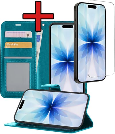 Hoesje - Met Screenprotector - Geschikt voor Apple iPhone 17 - Luxe Pasjeshouder - Flipcase - Bookcase Portemonee - Flip Case - Kunstleer Book Case - Book Cover - Walletcase - Portemonneehoes - Telefoonhoes - Turquoise