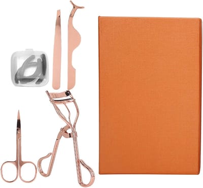 Set van 4 Make-Up Tools voor Wimpers en Wenkbrauwen - Wimperkruller, Schaar en Pincet in Roze Goud voor Perfecte Look