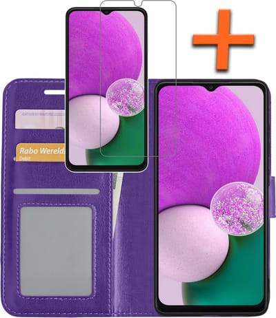 Hoes - Met Screenprotector - Geschikt voor Samsung Galaxy A13 4G - Luxe Pasjeshouder - Bookcase Portemonee - Flip Case - Kunstleer Book Case - Flipcase - Book Cover - Walletcase - PortemonneeHoes - Paars