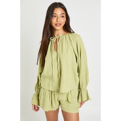 boohoo Dames Katoenen Gaas Melkmeisjestop En Korte Broek Co-ord Set | Pistache | Maat: 36