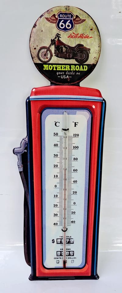Blikken thermometer HK229t voor binnen of buiten route 66 motor just ride hoogte 48 cm - celsius en fahrenheit nostalgic vintage art