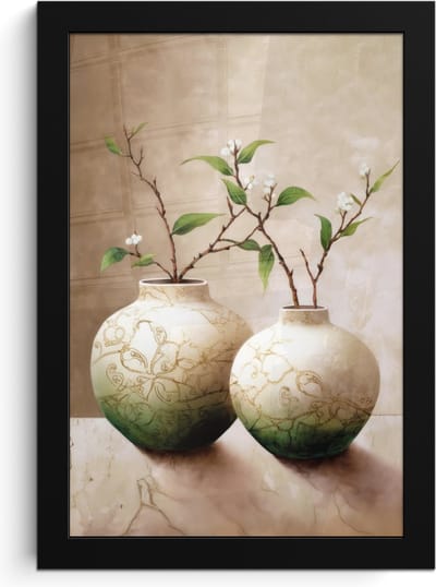 Poster in lijst - Fotolijst 20x30 cm - Posters - Bloemen - Vaas - Wit - Botanisch - Beige - Posterlijst zwart - Wanddecoratie badkamer - Muurdecoratie WC - Decoratieve accessoires - Toilet muur decoratie