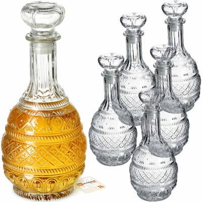KADAX Decanter voor dranken, stijlvolle whiskykaraf voor mannen, klassieke wijnkaraf met uniek design, whiskyfles als cadeau (1 l - 6 stuks)