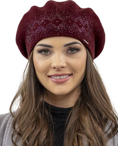 Vivisence Dames Baret - Wolmix Met Subtiele Strass Applicatie En Klassieke Vorm - Zachte Warmte En Comfortabele Pasvorm Voor Dagelijks Draaggemak En Elegante Stijl In Het Najaars En Winterseizoen - Wijnrood